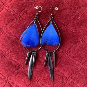 Blue feather drop earrings
